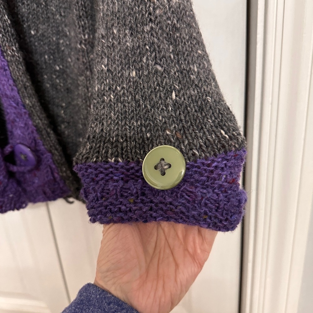 Aran Crafts Gray Cardigan with Purple Trim - Picture 5 of 12